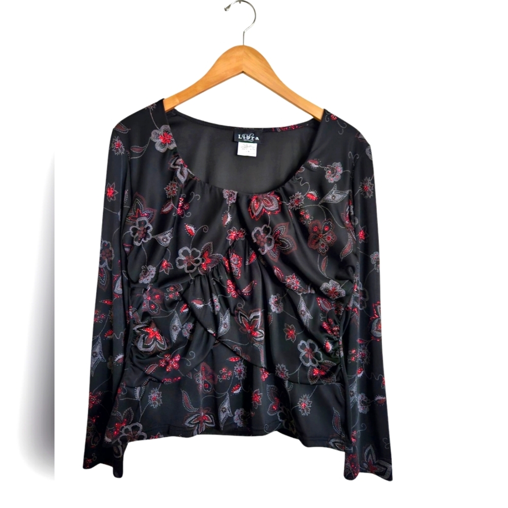 Vinatge Women's Black Floral Whimsigoth Glitter Long Sleeve Blouse Size L